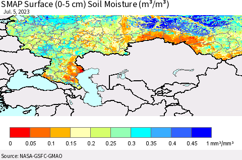 Russian Federation SMAP Surface (0-5 cm) Soil Moisture (m³/m³) Thematic Map For 7/1/2023 - 7/5/2023