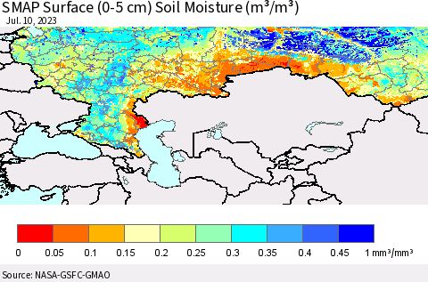 Russian Federation SMAP Surface (0-5 cm) Soil Moisture (m³/m³) Thematic Map For 7/6/2023 - 7/10/2023