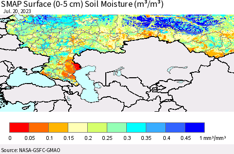Russian Federation SMAP Surface (0-5 cm) Soil Moisture (m³/m³) Thematic Map For 7/16/2023 - 7/20/2023