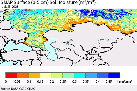 Russian Federation SMAP Surface (0-5 cm) Soil Moisture (m³/m³) Thematic Map For 7/21/2023 - 7/25/2023
