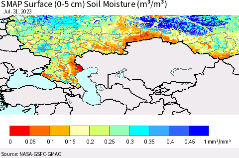 Russian Federation SMAP Surface (0-5 cm) Soil Moisture (m³/m³) Thematic Map For 7/26/2023 - 7/31/2023