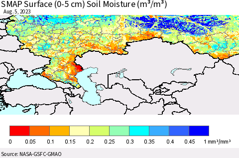 Russian Federation SMAP Surface (0-5 cm) Soil Moisture (m³/m³) Thematic Map For 8/1/2023 - 8/5/2023
