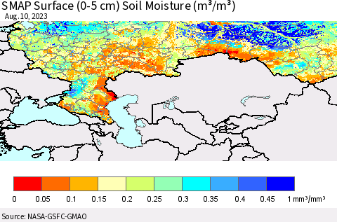 Russian Federation SMAP Surface (0-5 cm) Soil Moisture (m³/m³) Thematic Map For 8/6/2023 - 8/10/2023