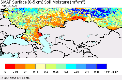 Russian Federation SMAP Surface (0-5 cm) Soil Moisture (m³/m³) Thematic Map For 8/11/2023 - 8/15/2023