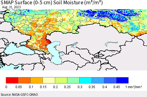 Russian Federation SMAP Surface (0-5 cm) Soil Moisture (m³/m³) Thematic Map For 8/26/2023 - 8/31/2023