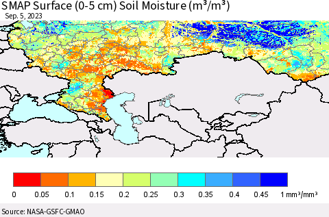 Russian Federation SMAP Surface (0-5 cm) Soil Moisture (m³/m³) Thematic Map For 9/1/2023 - 9/5/2023