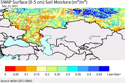 Russian Federation SMAP Surface (0-5 cm) Soil Moisture (m³/m³) Thematic Map For 9/6/2023 - 9/10/2023
