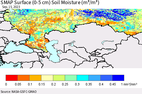 Russian Federation SMAP Surface (0-5 cm) Soil Moisture (m³/m³) Thematic Map For 9/11/2023 - 9/15/2023