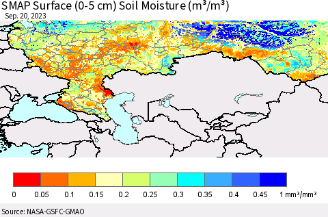 Russian Federation SMAP Surface (0-5 cm) Soil Moisture (m³/m³) Thematic Map For 9/16/2023 - 9/20/2023