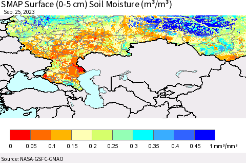 Russian Federation SMAP Surface (0-5 cm) Soil Moisture (m³/m³) Thematic Map For 9/21/2023 - 9/25/2023