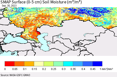 Russian Federation SMAP Surface (0-5 cm) Soil Moisture (m³/m³) Thematic Map For 9/26/2023 - 9/30/2023