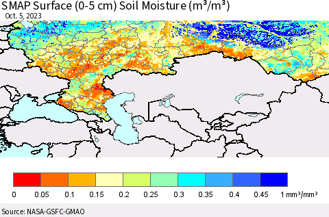 Russian Federation SMAP Surface (0-5 cm) Soil Moisture (m³/m³) Thematic Map For 10/1/2023 - 10/5/2023