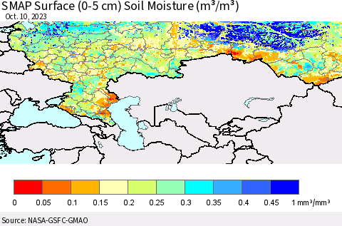 Russian Federation SMAP Surface (0-5 cm) Soil Moisture (m³/m³) Thematic Map For 10/6/2023 - 10/10/2023