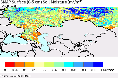 Russian Federation SMAP Surface (0-5 cm) Soil Moisture (m³/m³) Thematic Map For 10/11/2023 - 10/15/2023