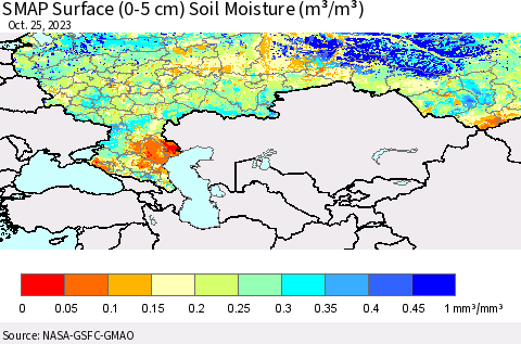 Russian Federation SMAP Surface (0-5 cm) Soil Moisture (m³/m³) Thematic Map For 10/21/2023 - 10/25/2023