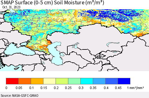 Russian Federation SMAP Surface (0-5 cm) Soil Moisture (m³/m³) Thematic Map For 10/26/2023 - 10/31/2023