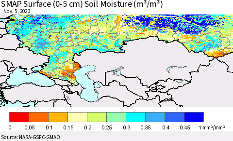 Russian Federation SMAP Surface (0-5 cm) Soil Moisture (m³/m³) Thematic Map For 11/1/2023 - 11/5/2023