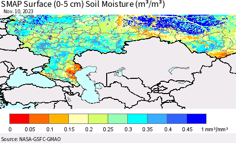Russian Federation SMAP Surface (0-5 cm) Soil Moisture (m³/m³) Thematic Map For 11/6/2023 - 11/10/2023