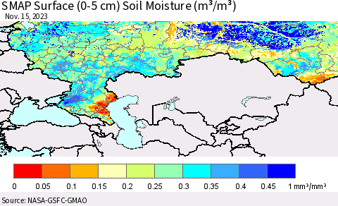 Russian Federation SMAP Surface (0-5 cm) Soil Moisture (m³/m³) Thematic Map For 11/11/2023 - 11/15/2023