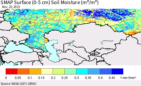 Russian Federation SMAP Surface (0-5 cm) Soil Moisture (m³/m³) Thematic Map For 11/16/2023 - 11/20/2023
