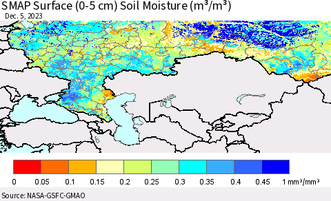 Russian Federation SMAP Surface (0-5 cm) Soil Moisture (m³/m³) Thematic Map For 12/1/2023 - 12/5/2023