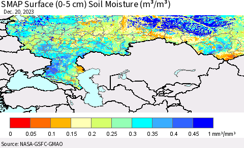 Russian Federation SMAP Surface (0-5 cm) Soil Moisture (m³/m³) Thematic Map For 12/16/2023 - 12/20/2023