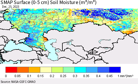 Russian Federation SMAP Surface (0-5 cm) Soil Moisture (m³/m³) Thematic Map For 12/21/2023 - 12/25/2023