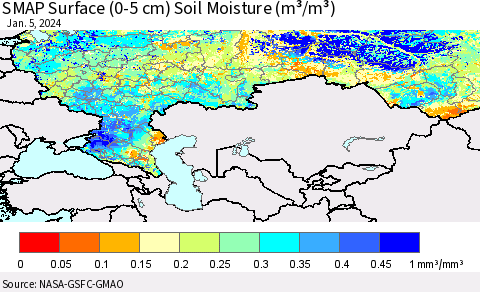 Russian Federation SMAP Surface (0-5 cm) Soil Moisture (m³/m³) Thematic Map For 1/1/2024 - 1/5/2024