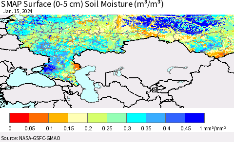 Russian Federation SMAP Surface (0-5 cm) Soil Moisture (m³/m³) Thematic Map For 1/11/2024 - 1/15/2024