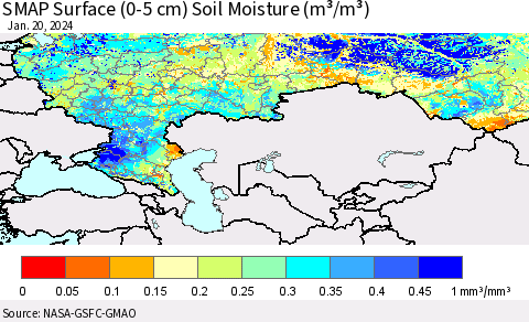 Russian Federation SMAP Surface (0-5 cm) Soil Moisture (m³/m³) Thematic Map For 1/16/2024 - 1/20/2024
