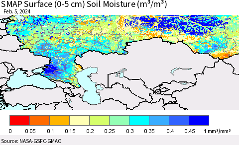 Russian Federation SMAP Surface (0-5 cm) Soil Moisture (m³/m³) Thematic Map For 2/1/2024 - 2/5/2024