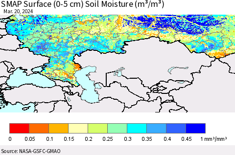 Russian Federation SMAP Surface (0-5 cm) Soil Moisture (m³/m³) Thematic Map For 3/16/2024 - 3/20/2024