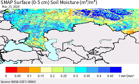 Russian Federation SMAP Surface (0-5 cm) Soil Moisture (m³/m³) Thematic Map For 3/21/2024 - 3/25/2024