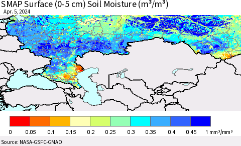 Russian Federation SMAP Surface (0-5 cm) Soil Moisture (m³/m³) Thematic Map For 4/1/2024 - 4/5/2024