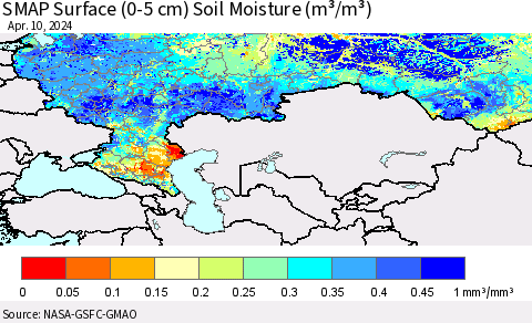 Russian Federation SMAP Surface (0-5 cm) Soil Moisture (m³/m³) Thematic Map For 4/6/2024 - 4/10/2024