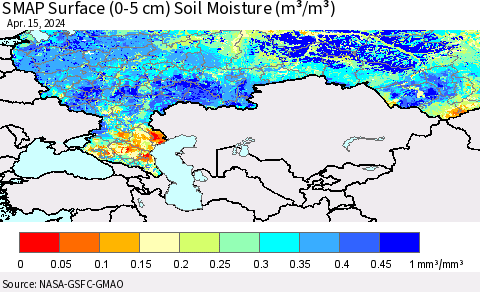 Russian Federation SMAP Surface (0-5 cm) Soil Moisture (m³/m³) Thematic Map For 4/11/2024 - 4/15/2024
