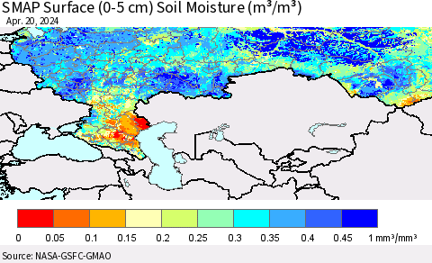 Russian Federation SMAP Surface (0-5 cm) Soil Moisture (m³/m³) Thematic Map For 4/16/2024 - 4/20/2024