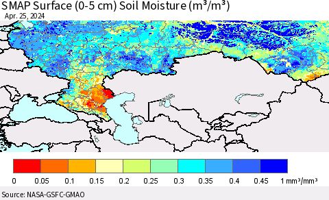 Russian Federation SMAP Surface (0-5 cm) Soil Moisture (m³/m³) Thematic Map For 4/21/2024 - 4/25/2024