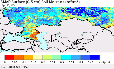 Russian Federation SMAP Surface (0-5 cm) Soil Moisture (m³/m³) Thematic Map For 4/26/2024 - 4/30/2024