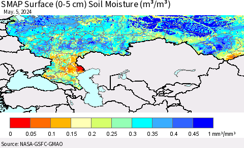 Russian Federation SMAP Surface (0-5 cm) Soil Moisture (m³/m³) Thematic Map For 5/1/2024 - 5/5/2024