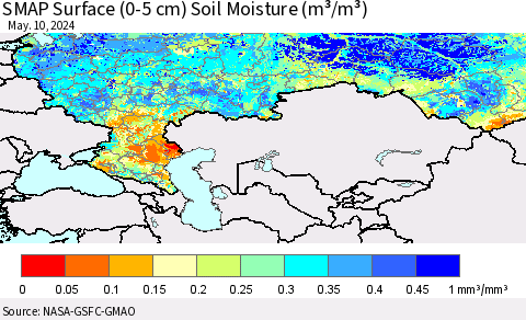 Russian Federation SMAP Surface (0-5 cm) Soil Moisture (m³/m³) Thematic Map For 5/6/2024 - 5/10/2024