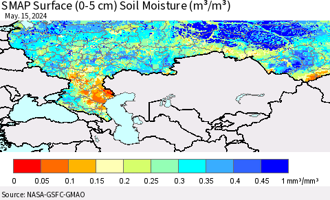 Russian Federation SMAP Surface (0-5 cm) Soil Moisture (m³/m³) Thematic Map For 5/11/2024 - 5/15/2024
