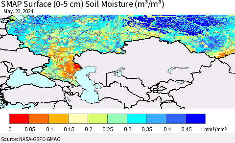 Russian Federation SMAP Surface (0-5 cm) Soil Moisture (m³/m³) Thematic Map For 5/16/2024 - 5/20/2024