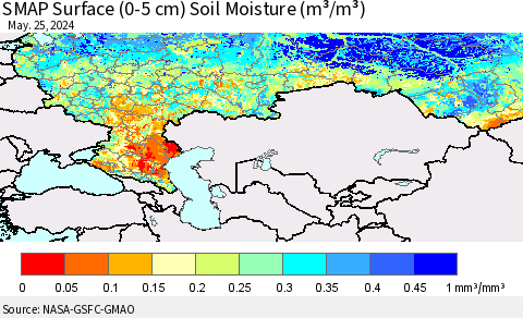 Russian Federation SMAP Surface (0-5 cm) Soil Moisture (m³/m³) Thematic Map For 5/21/2024 - 5/25/2024