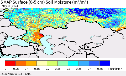 Russian Federation SMAP Surface (0-5 cm) Soil Moisture (m³/m³) Thematic Map For 5/26/2024 - 5/31/2024