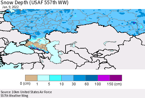 Russian Federation Snow Depth (USAF 557th WW) Thematic Map For 1/3/2022 - 1/9/2022