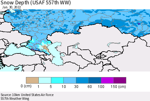 Russian Federation Snow Depth (USAF 557th WW) Thematic Map For 1/24/2022 - 1/30/2022