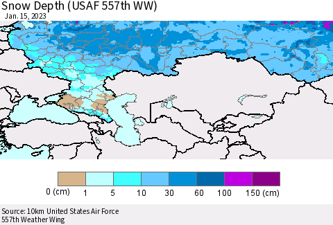 Russian Federation Snow Depth (USAF 557th WW) Thematic Map For 1/9/2023 - 1/15/2023