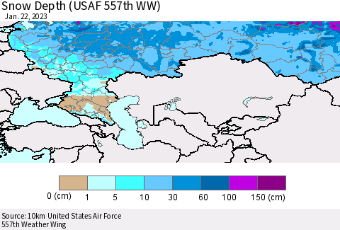 Russian Federation Snow Depth (USAF 557th WW) Thematic Map For 1/16/2023 - 1/22/2023