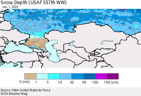Russian Federation Snow Depth (USAF 557th WW) Thematic Map For 1/1/2024 - 1/7/2024